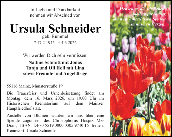 Traueranzeige von Ursula Schneider von Allgemeine Zeitung Mainz