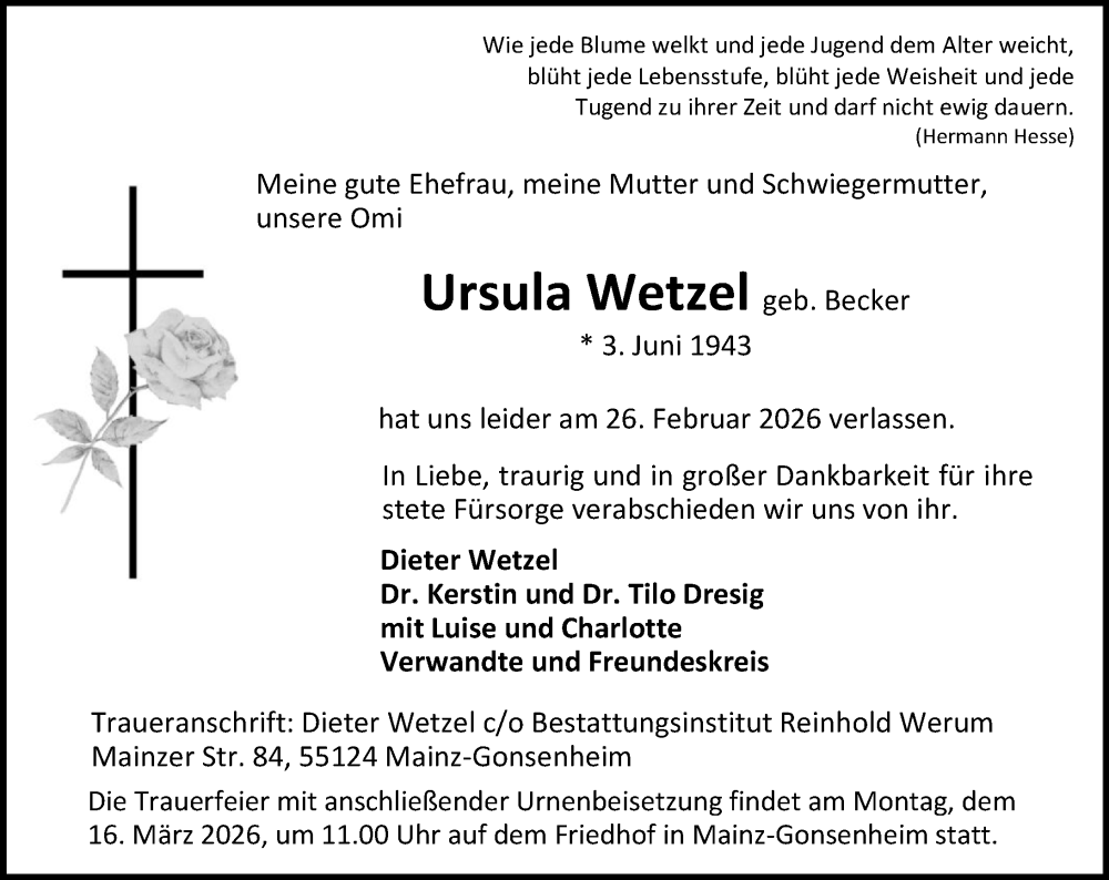  Traueranzeige für Ursula Wetzel vom 07.03.2026 aus Allgemeine Zeitung Mainz