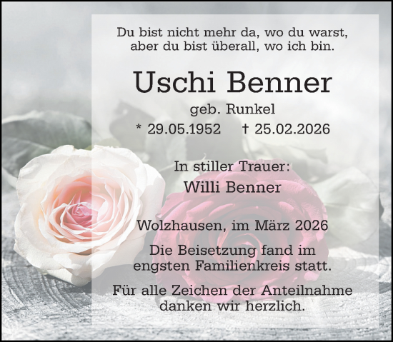 Traueranzeige von Uschi Benner von Hinterländer Anzeiger
