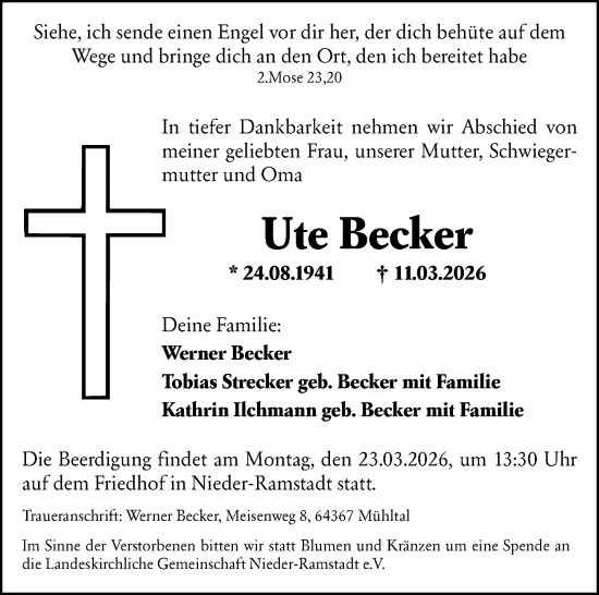 Traueranzeige von Ute Becker von Darmstädter Echo