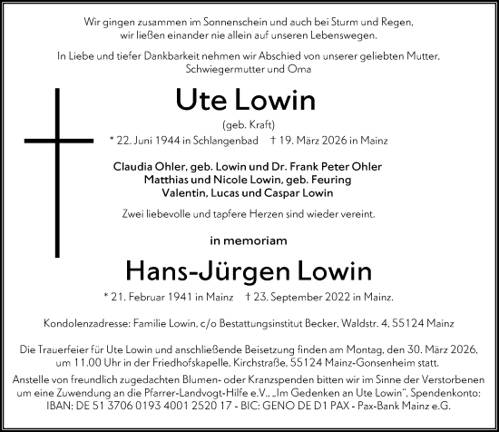 Traueranzeige von Ute Lowin von Allgemeine Zeitung Mainz