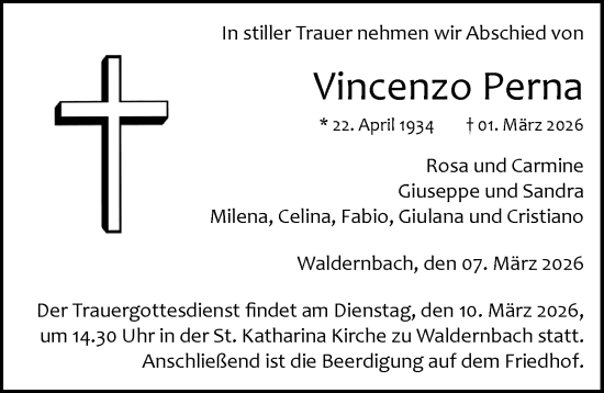 Traueranzeige von Vincenzo Perna von Weilburger Tageblatt