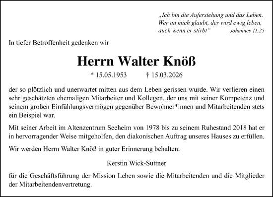 Traueranzeige von Walter Knöß von Darmstädter Echo