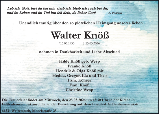 Traueranzeige von Walter Knöß von Darmstädter Echo