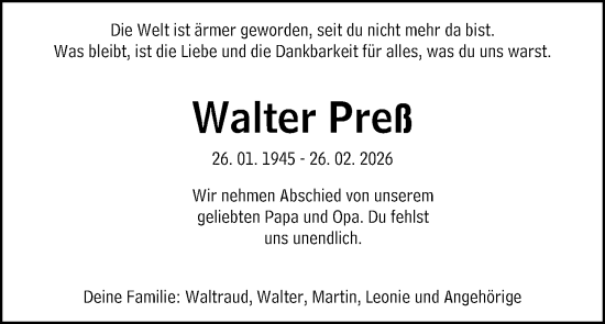 Traueranzeige von Walter Preß von Rüsselsheimer Echo