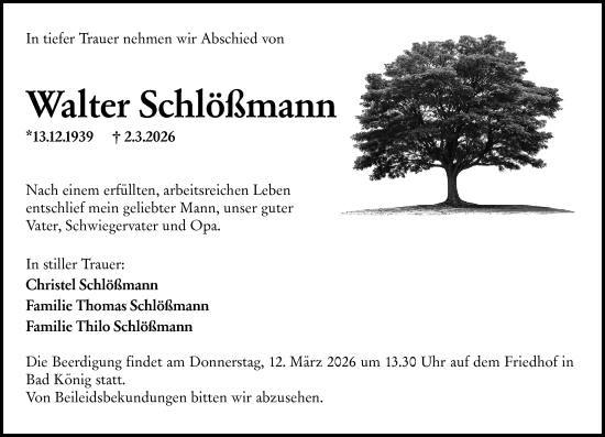 Traueranzeige von Walter Schlößmann von Odenwälder Echo