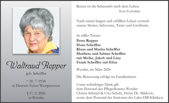 Traueranzeige von Waltraud Repper von Wetzlarer Neue Zeitung
