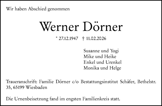 Traueranzeige von Werner Dörner von Wiesbadener Kurier
