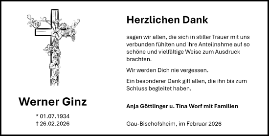 Traueranzeige von Werner Ginz von Allgemeine Zeitung Mainz