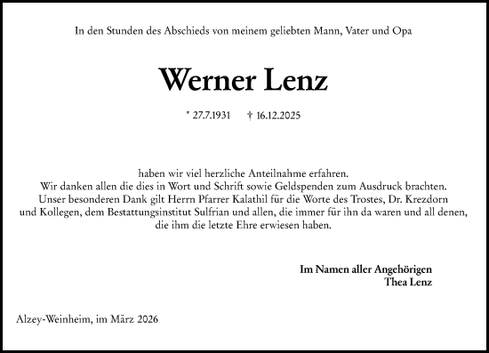 Traueranzeige von Werner Lenz von Allgemeine Zeitung Alzey