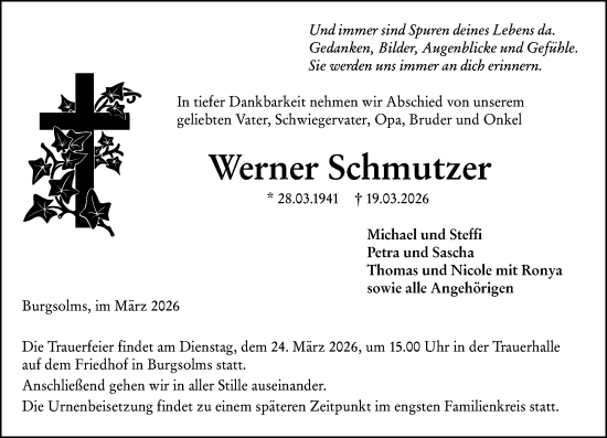 Traueranzeige von Werner Schmutzer von Wetzlarer Neue Zeitung