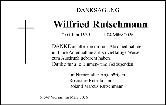Traueranzeige von Wilfried Rutschmann von Wormser Zeitung