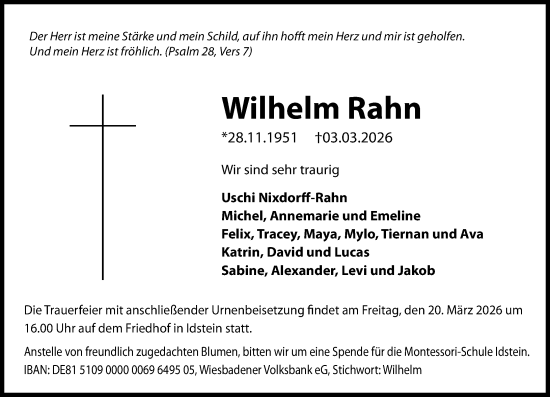 Traueranzeige von Wilhelm Rahn von Idsteiner Land/Untertaunus