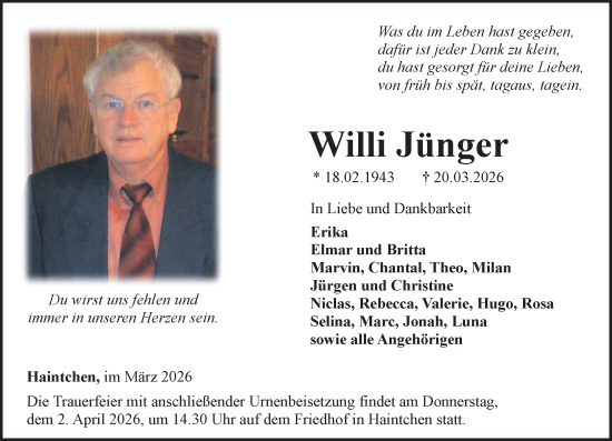 Traueranzeige von Willi Jünger von Camberger Anzeiger
