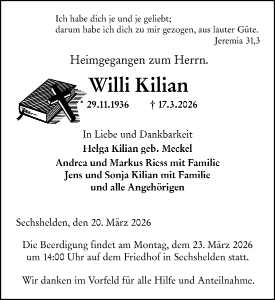 Traueranzeige von Willi Kilian von Dill Block