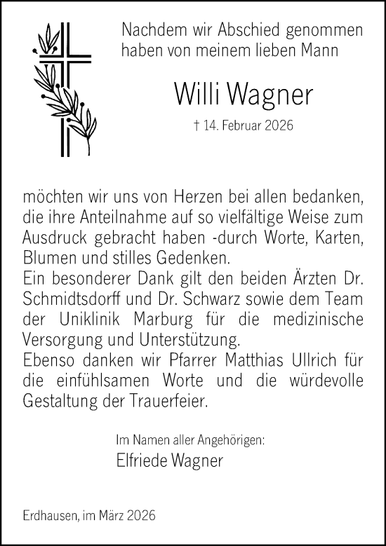 Traueranzeige von Willi Wagner von Hinterländer Anzeiger