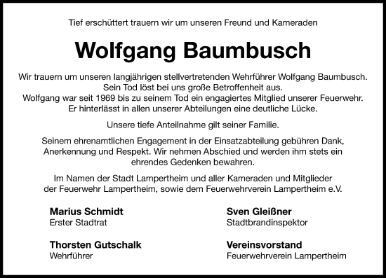 Traueranzeige von Wolfgang Baumbusch von Starkenburger Echo