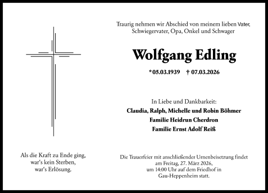 Traueranzeige von Wolfgang Edling von Allgemeine Zeitung Alzey