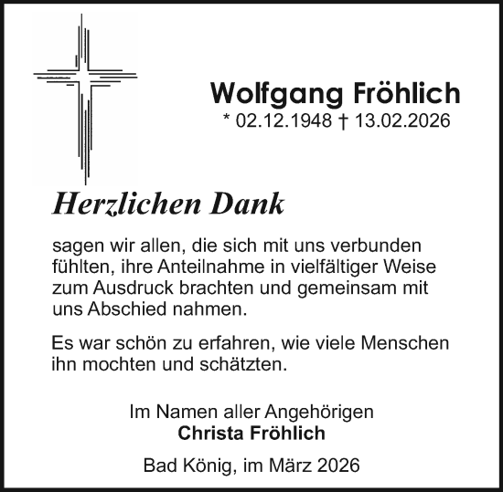 Traueranzeige von Wolfgang Fröhlich von Odenwälder Echo