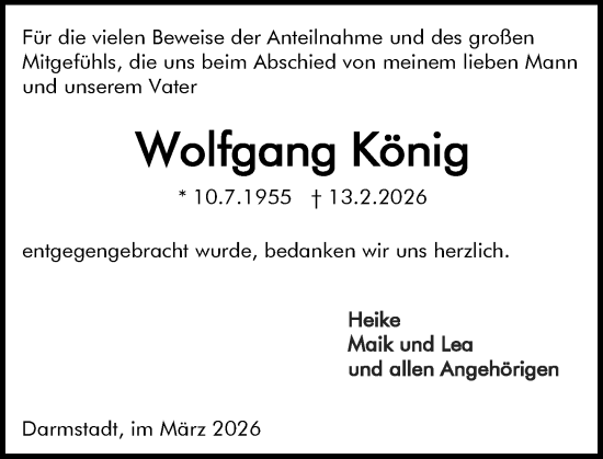 Traueranzeige von Wolfgang König von Darmstädter Echo
