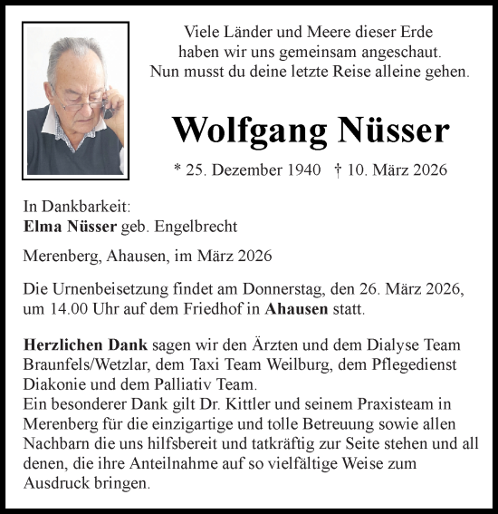 Traueranzeige von Wolfgang Nüsser von Weilburger Tageblatt