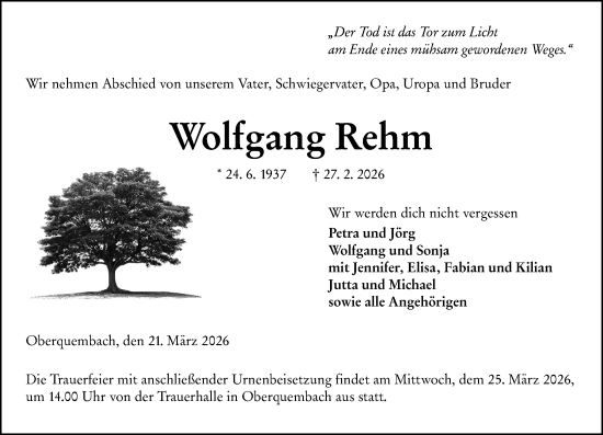 Traueranzeige von Wolfgang Rehm von Wetzlarer Neue Zeitung