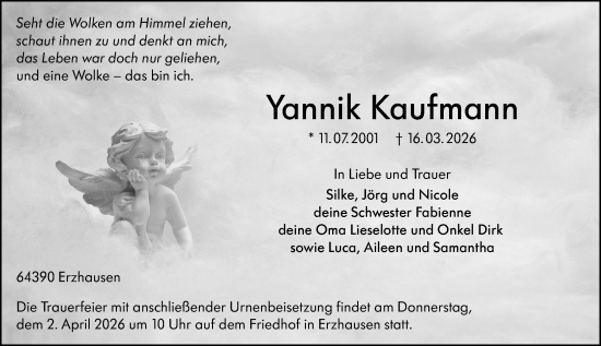 Traueranzeige von Yannik Kaufmann von Darmstädter Echo