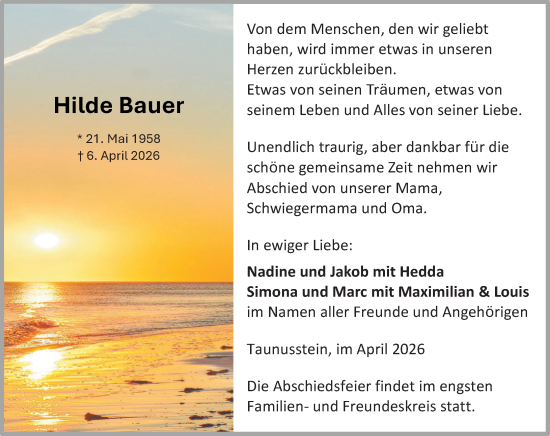 Traueranzeige von Hilde Bauer von Wiesbadener Kurier 