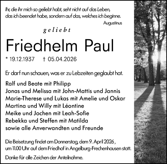 Traueranzeige von Friedhelm Paul von Hinterländer Anzeiger