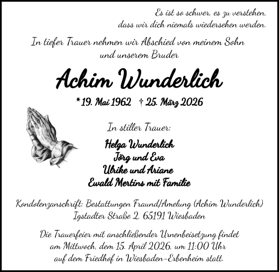 Traueranzeige von Achim Wunderlich von Wiesbadener Kurier