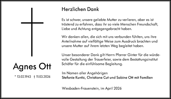 Traueranzeige von Agnes Ott von Wiesbadener Kurier