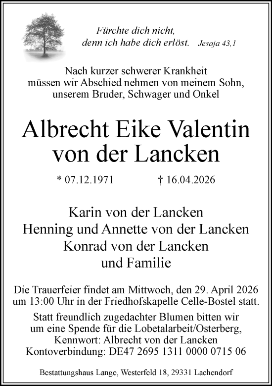 Traueranzeige von Albrecht Eike Valentin von der Lancken von Allgemeine Zeitung Mainz