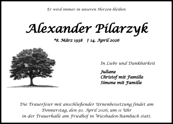 Traueranzeige von Alexander Pilarzyk von Wiesbadener Kurier