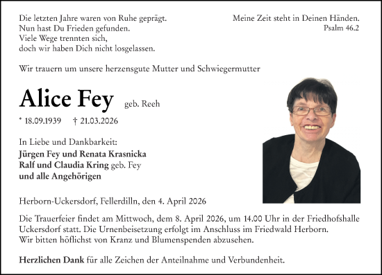 Traueranzeige von Alice Fey von Dill Block