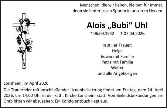 Traueranzeige von Alois Uhl von Allgemeine Zeitung Alzey