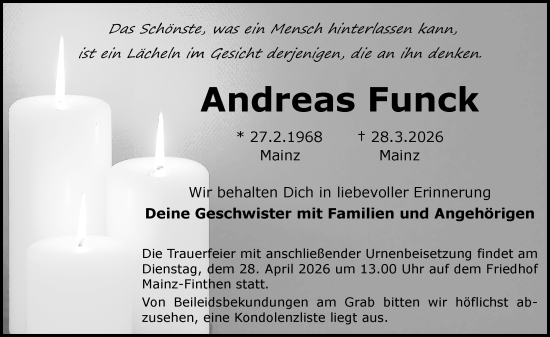 Traueranzeige von Andreas Funck von Allgemeine Zeitung Mainz
