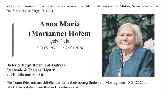 Traueranzeige von Anna Maria Hofem von Allgemeine Zeitung Mainz