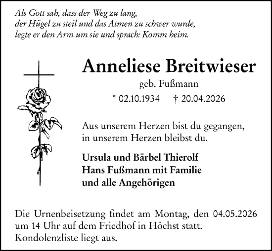 Traueranzeige von Anneliese Breitwieser von Odenwälder Echo