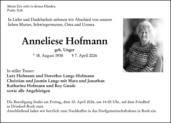 Traueranzeige von Anneliese Hofmann von Dill Block