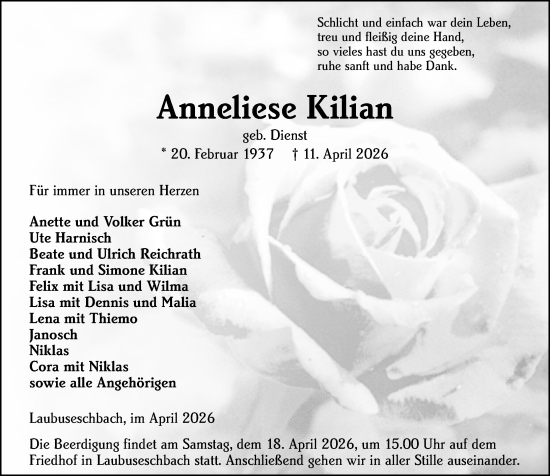 Traueranzeige von Anneliese Kilian von Weilburger Tageblatt