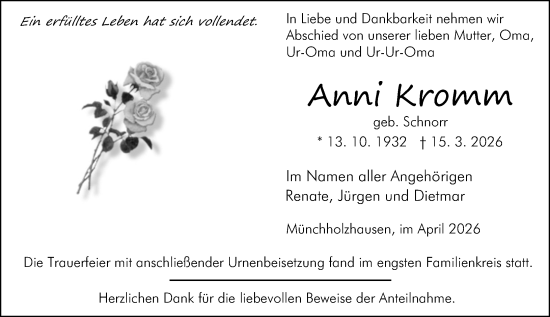 Traueranzeige von Anni Kromm von Wetzlarer Neue Zeitung