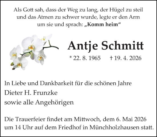 Traueranzeige von Antje Schmitt von Wetzlarer Neue Zeitung