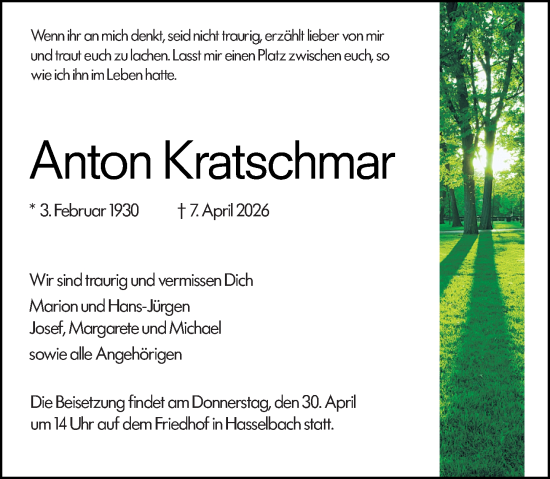 Traueranzeige von Anton Kratschmar von Weilburger Tageblatt