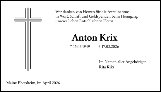Traueranzeige von Anton Krix von Allgemeine Zeitung Mainz