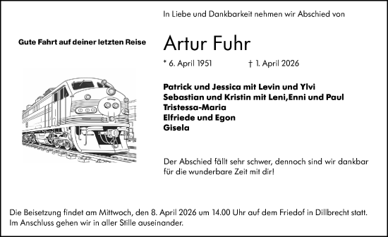 Traueranzeige von Artur Fuhr von Dill Block