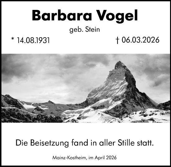 Traueranzeige von Barbara Vogel von Allgemeine Zeitung Mainz