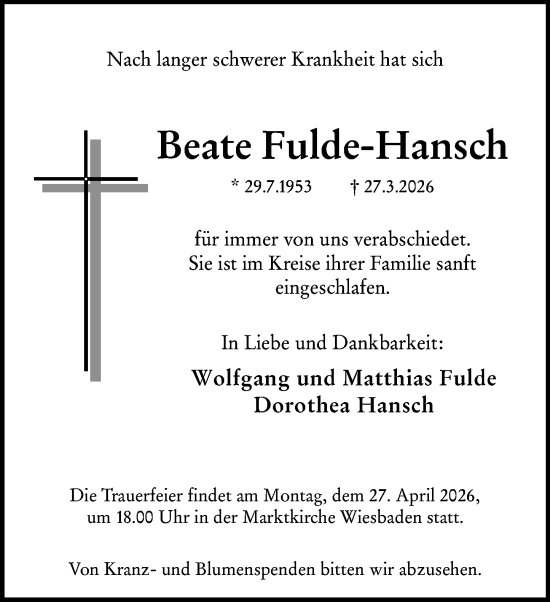 Traueranzeige von Beate Fulde-Hansch von Wiesbadener Kurier