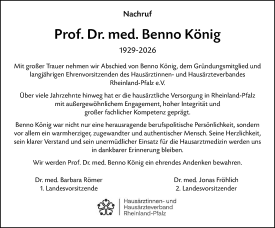 Traueranzeige von Benno König von Allgemeine Zeitung Mainz