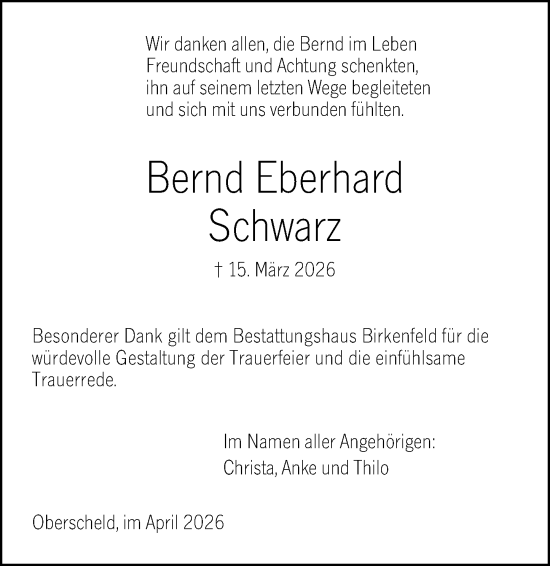 Traueranzeige von Bernd Eberhard Schwarz von Dill Block