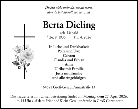 Traueranzeige von Berta Dieling von Groß-Gerauer Echo